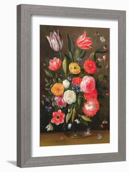 Tulips, Roses, Anemones in a Glass Vase with Butterflies and a Caterpillar-Jan van, the Elder Kessel-Framed Giclee Print