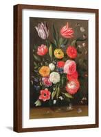 Tulips, Roses, Anemones in a Glass Vase with Butterflies and a Caterpillar-Jan van, the Elder Kessel-Framed Giclee Print