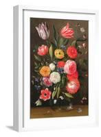 Tulips, Roses, Anemones in a Glass Vase with Butterflies and a Caterpillar-Jan van, the Elder Kessel-Framed Giclee Print