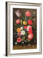 Tulips, Roses, Anemones in a Glass Vase with Butterflies and a Caterpillar-Jan van, the Elder Kessel-Framed Giclee Print