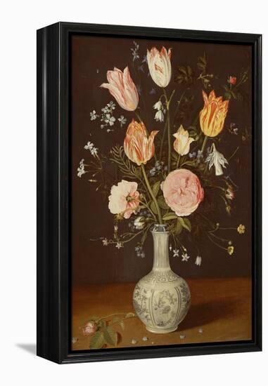 Tulips, Roses, Forget-Me-Nots and Other Flowers in a Late Ming Blue and White Vase-Jan Brueghel the Elder-Framed Premier Image Canvas