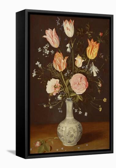 Tulips, Roses, Forget-Me-Nots and Other Flowers in a Late Ming Blue and White Vase-Jan Brueghel the Elder-Framed Premier Image Canvas