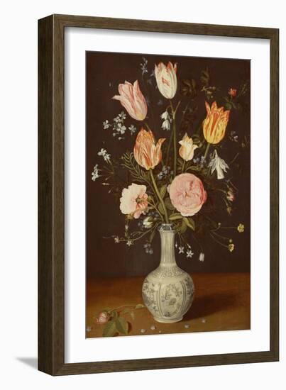 Tulips, Roses, Forget-Me-Nots and Other Flowers in a Late Ming Blue and White Vase-Jan Brueghel the Elder-Framed Giclee Print