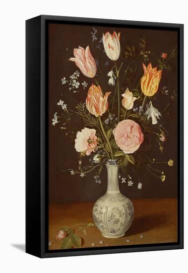 Tulips, Roses, Forget-Me-Nots and Other Flowers in a Late Ming Blue and White Vase-Jan Brueghel the Elder-Framed Premier Image Canvas