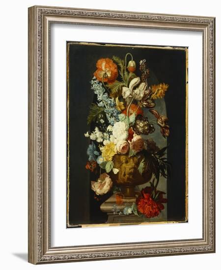 Tulips, Roses, Hyacinth, Auricula and Flowers in a Sculpted Urn on a Stone Pedestal in a Niche-Jan van Huysum-Framed Giclee Print