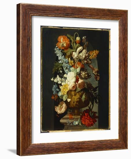 Tulips, Roses, Hyacinth, Auricula and Flowers in a Sculpted Urn on a Stone Pedestal in a Niche-Jan van Huysum-Framed Giclee Print