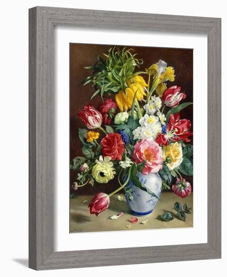 Tulips, Roses, Narcissi and other Flowers in a Blue and White Vase-Klausner R.-Framed Giclee Print