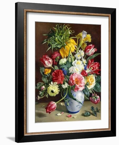 Tulips, Roses, Narcissi and other Flowers in a Blue and White Vase-Klausner R.-Framed Giclee Print