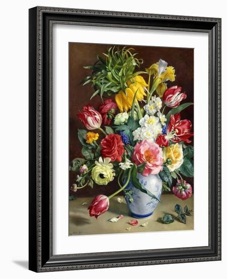 Tulips, Roses, Narcissi and other Flowers in a Blue and White Vase-Klausner R.-Framed Giclee Print