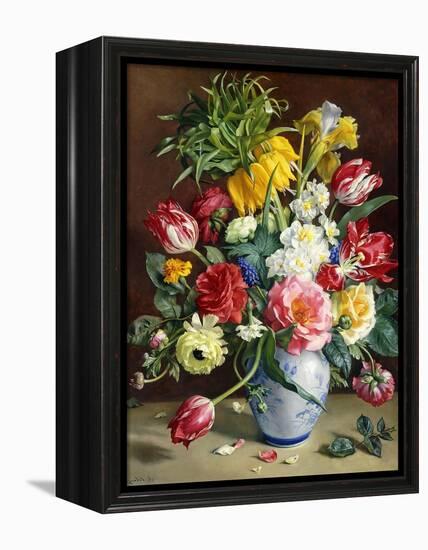 Tulips, Roses, Narcissi and other Flowers in a Blue and White Vase-Klausner R.-Framed Premier Image Canvas