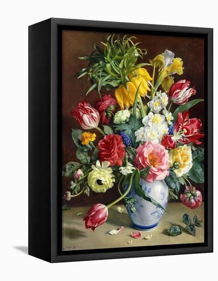 Tulips, Roses, Narcissi and other Flowers in a Blue and White Vase-Klausner R.-Framed Premier Image Canvas