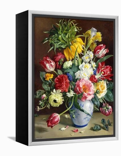 Tulips, Roses, Narcissi and other Flowers in a Blue and White Vase-Klausner R.-Framed Premier Image Canvas