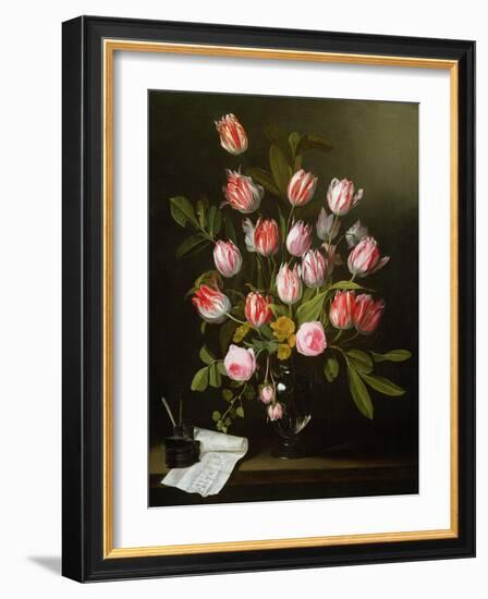 Tulips, Yellow and Pink Roses in a Glass Vase-Jan Philip Van Thielen-Framed Giclee Print