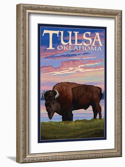 Tulsa, Oklahoma - Buffalo and Sunset-Lantern Press-Framed Art Print