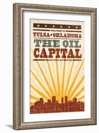 Tulsa, Oklahoma - Skyline and Sunburst Screenprint Style-Lantern Press-Framed Art Print
