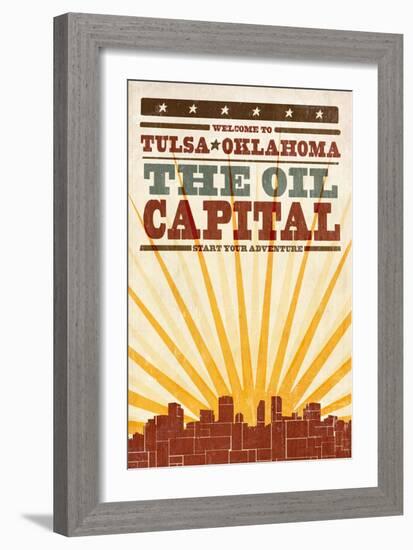 Tulsa, Oklahoma - Skyline and Sunburst Screenprint Style-Lantern Press-Framed Art Print