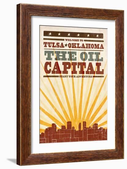 Tulsa, Oklahoma - Skyline and Sunburst Screenprint Style-Lantern Press-Framed Art Print