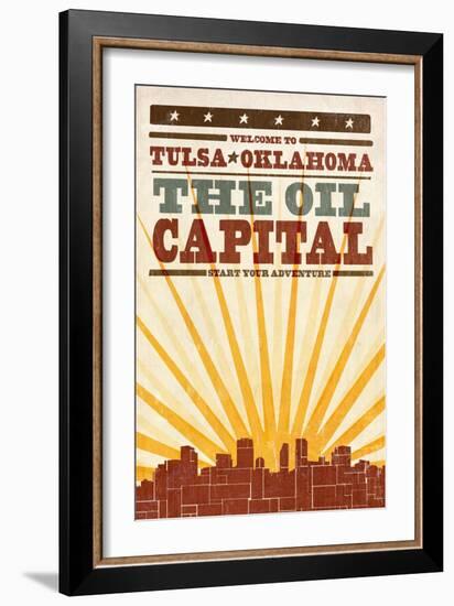 Tulsa, Oklahoma - Skyline and Sunburst Screenprint Style-Lantern Press-Framed Art Print