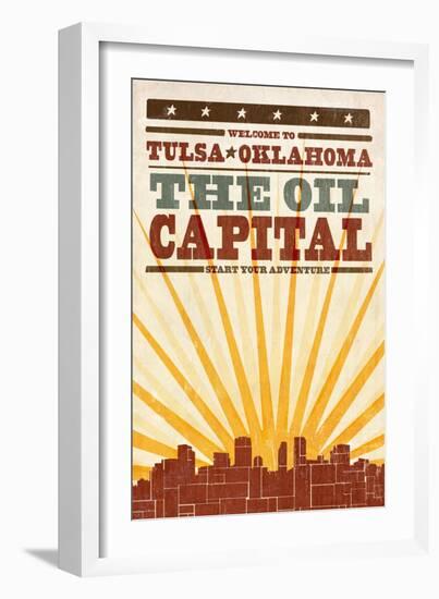 Tulsa, Oklahoma - Skyline and Sunburst Screenprint Style-Lantern Press-Framed Art Print