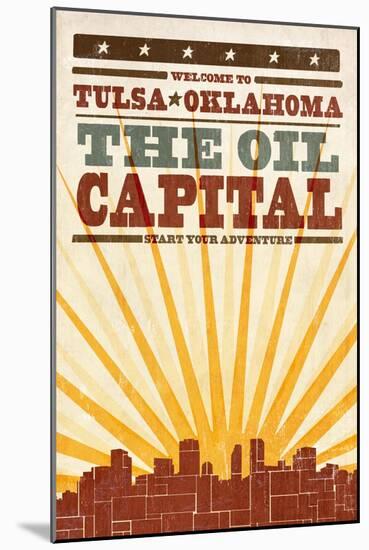 Tulsa, Oklahoma - Skyline and Sunburst Screenprint Style-Lantern Press-Mounted Art Print