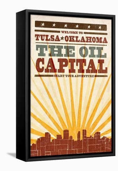Tulsa, Oklahoma - Skyline and Sunburst Screenprint Style-Lantern Press-Framed Stretched Canvas