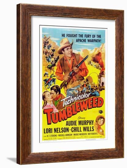 Tumbleweed, Kissing from Left: Lori Nelson, Audie Murphy, Chill Wills, 1953-null-Framed Art Print