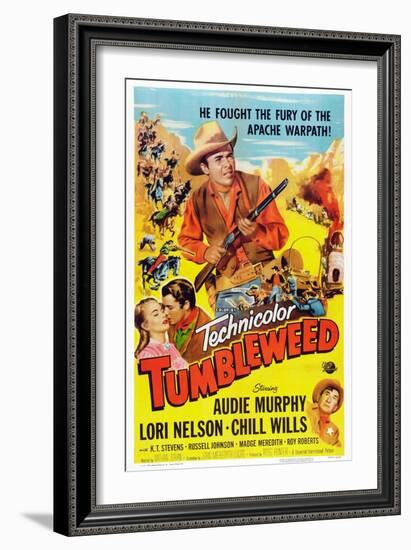 Tumbleweed, Kissing from Left: Lori Nelson, Audie Murphy, Chill Wills, 1953-null-Framed Art Print