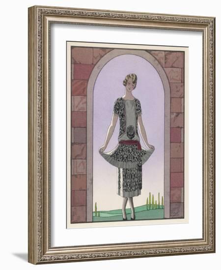 Tunic Dress by Worth in an Ornate Monochrome Print with Red Detailing Plain Central Panel-Georges Barbier-Framed Art Print