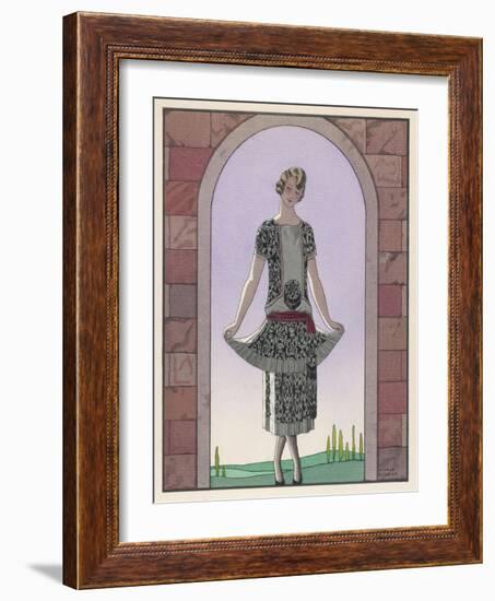 Tunic Dress by Worth in an Ornate Monochrome Print with Red Detailing Plain Central Panel-Georges Barbier-Framed Art Print