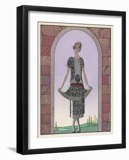 Tunic Dress by Worth in an Ornate Monochrome Print with Red Detailing Plain Central Panel-Georges Barbier-Framed Art Print