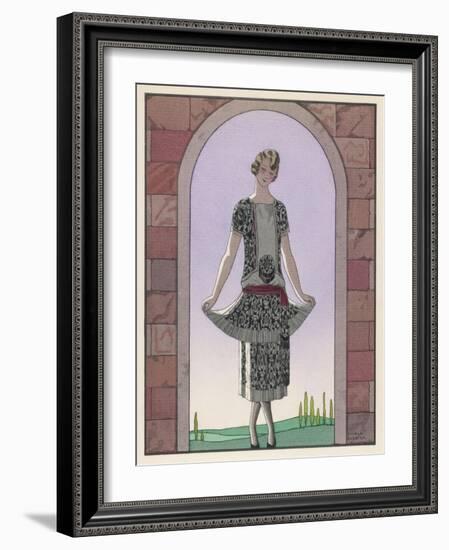 Tunic Dress by Worth in an Ornate Monochrome Print with Red Detailing Plain Central Panel-Georges Barbier-Framed Art Print