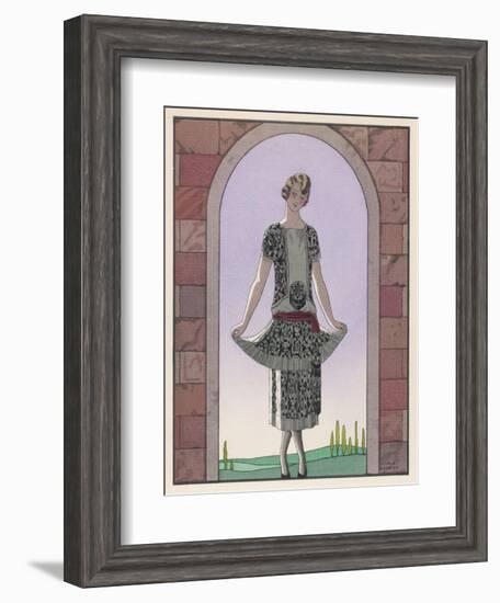 Tunic Dress by Worth in an Ornate Monochrome Print with Red Detailing Plain Central Panel-Georges Barbier-Framed Art Print