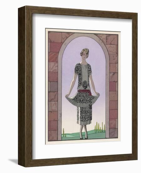 Tunic Dress by Worth in an Ornate Monochrome Print with Red Detailing Plain Central Panel-Georges Barbier-Framed Art Print