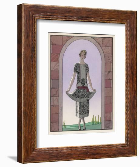 Tunic Dress by Worth in an Ornate Monochrome Print with Red Detailing Plain Central Panel-Georges Barbier-Framed Art Print