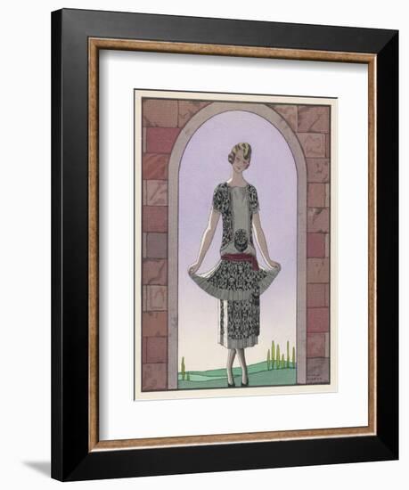 Tunic Dress by Worth in an Ornate Monochrome Print with Red Detailing Plain Central Panel-Georges Barbier-Framed Art Print