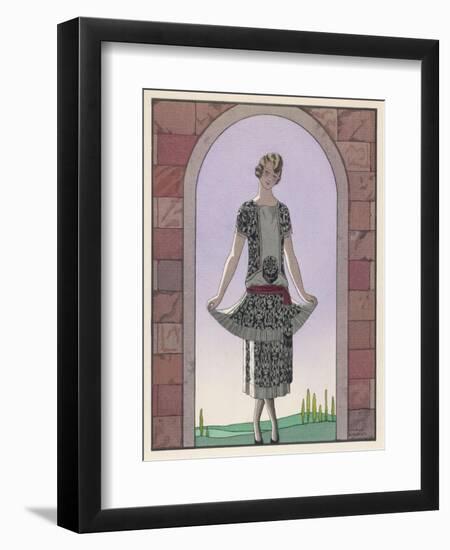 Tunic Dress by Worth in an Ornate Monochrome Print with Red Detailing Plain Central Panel-Georges Barbier-Framed Art Print