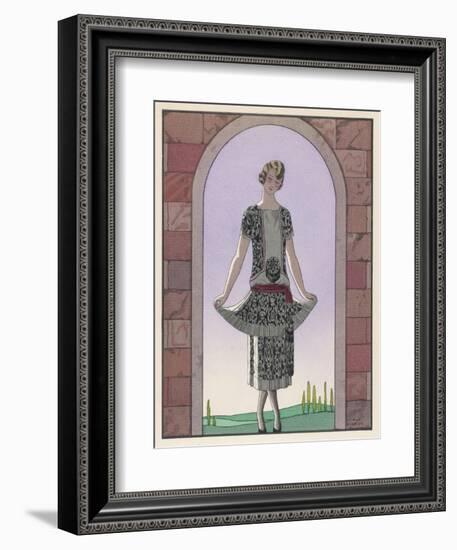 Tunic Dress by Worth in an Ornate Monochrome Print with Red Detailing Plain Central Panel-Georges Barbier-Framed Art Print