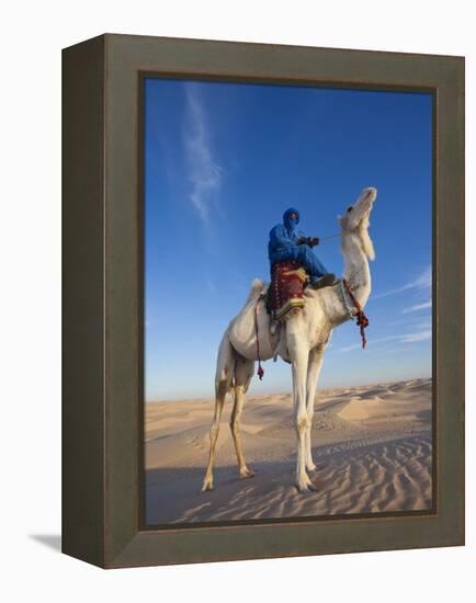 Tunisia, Sahara Desert, Douz, Great Dune, Rider and Camel-Walter Bibikow-Framed Premier Image Canvas