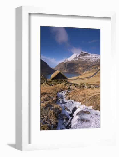 Turf roofed hut in the ancient village of Saksun on the island of Streymoy, Faroe Islands, Denamrk,-Adam Burton-Framed Photographic Print