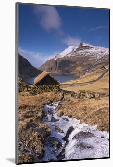 Turf roofed hut in the ancient village of Saksun on the island of Streymoy, Faroe Islands, Denamrk,-Adam Burton-Mounted Photographic Print