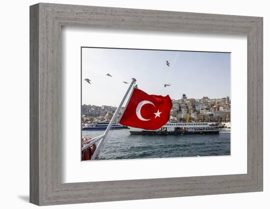 Turkish Flag, Passenger Ferry and Seagulls, Istanbul, Turkey-Ali Kabas-Framed Photographic Print