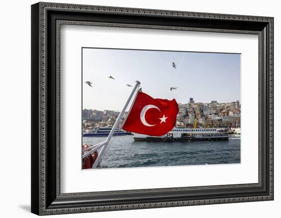 Turkish Flag, Passenger Ferry and Seagulls, Istanbul, Turkey-Ali Kabas-Framed Photographic Print