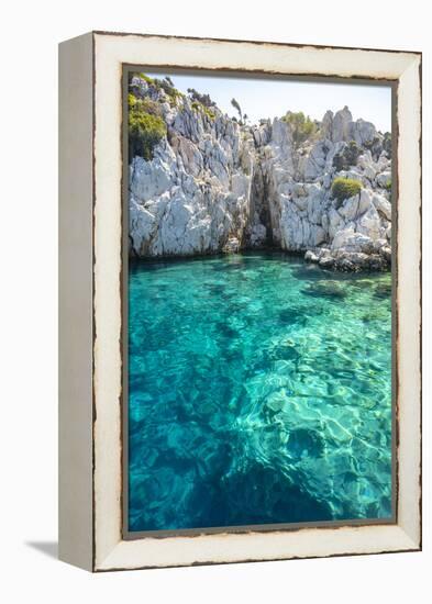 Turquoise colored crystal clear water at a rocky island, Aegean Sea, Turkey-Ali Kabas-Framed Premier Image Canvas