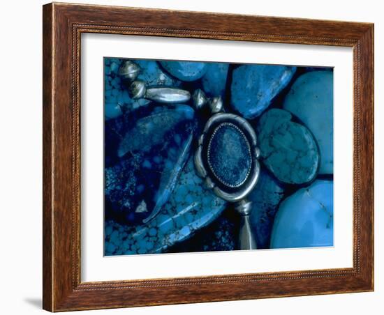 Turquoise Jewelry on Pile of Turquoise Stones Used by Native Americans in Manufacture of Jewelry-Michael Mauney-Framed Photographic Print