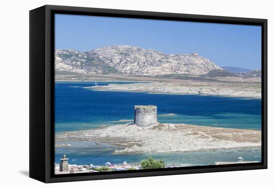 Turquoise sea and old tower surround La Pelosa Beach, Stintino, Asinara Nat'l Park, Sardinia, Italy-Roberto Moiola-Framed Premier Image Canvas