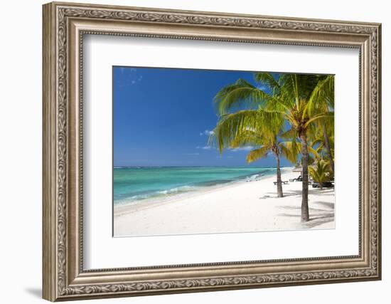 Turquoise Sea and White Palm Fringed Beach, Le Morne, Black River, Mauritius, Indian Ocean, Africa-Jordan Banks-Framed Photographic Print