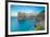 Turquoise sea at sunset framed by the old town perched on the rocks, Polignano a Mare, Province of -Roberto Moiola-Framed Photographic Print