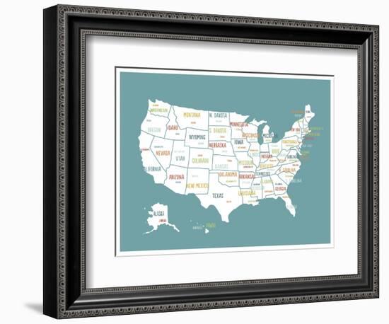 Turquoise USA Map-Kindred Sol Collective-Framed Art Print