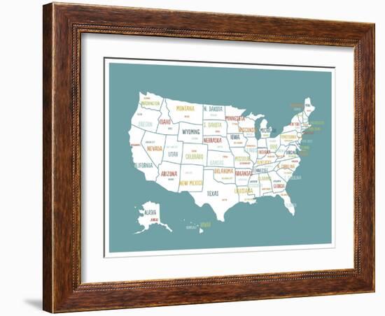 Turquoise USA Map-Kindred Sol Collective-Framed Art Print