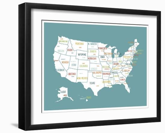 Turquoise USA Map-Kindred Sol Collective-Framed Art Print